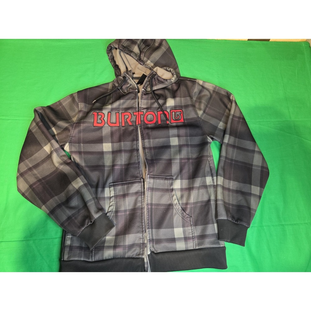 Burton Dryride Full Zip Hoodie Mens Large L Black Grey Plaid Red Logo Snowboard